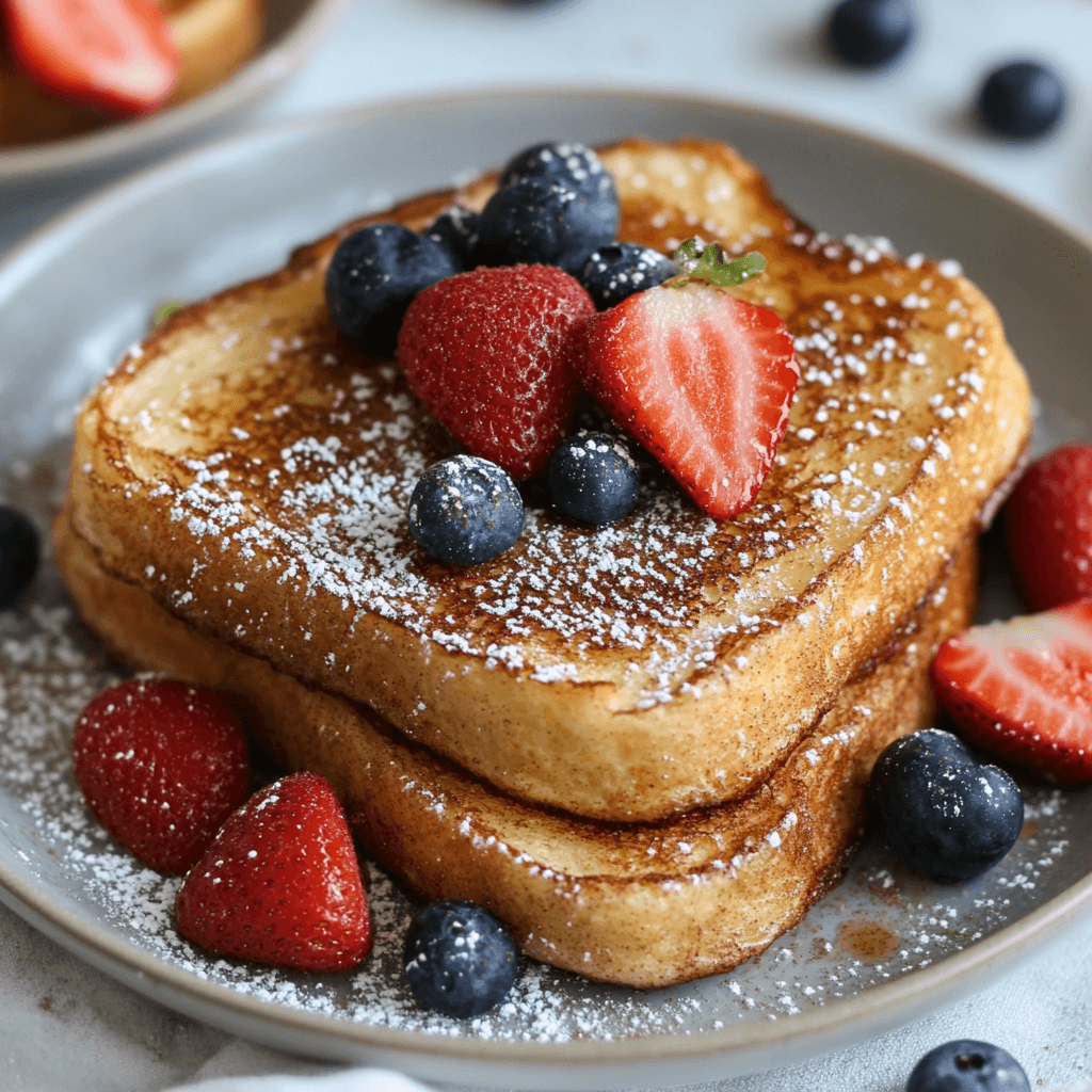 Golden brown French toast with berries and powdered sugar, perfect for breakfast or brunch.